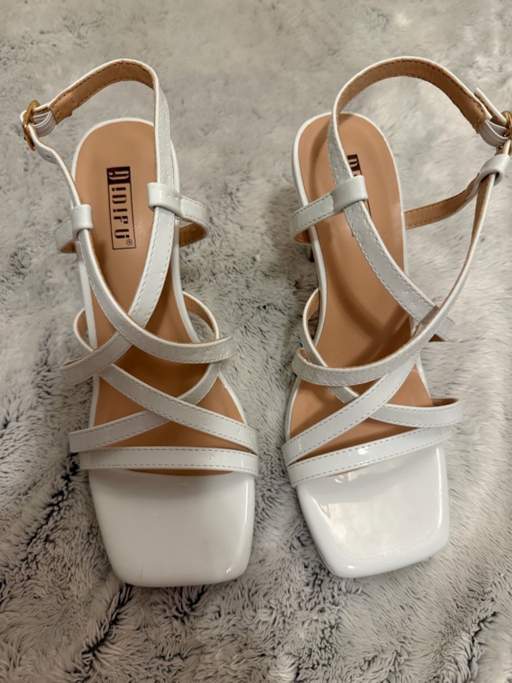 IDIFU White Patent Strappy Square-Toe Heels